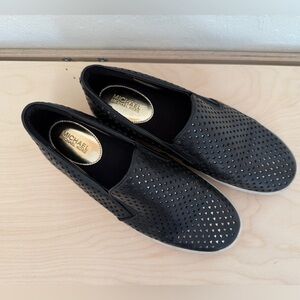 Michael Kors Keaton Perforated Leather Slip-On Sneaker Black Gold Stars